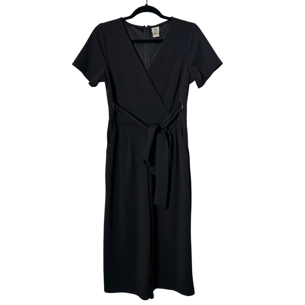 Wrapper Black Short‎ Sleeve Cropped Wide Leg Jumpsuit Tie Waist Womens Size 8